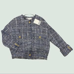 NWT Zara blue tweed Chanel style button up nautical jacket Size XS Retails $129